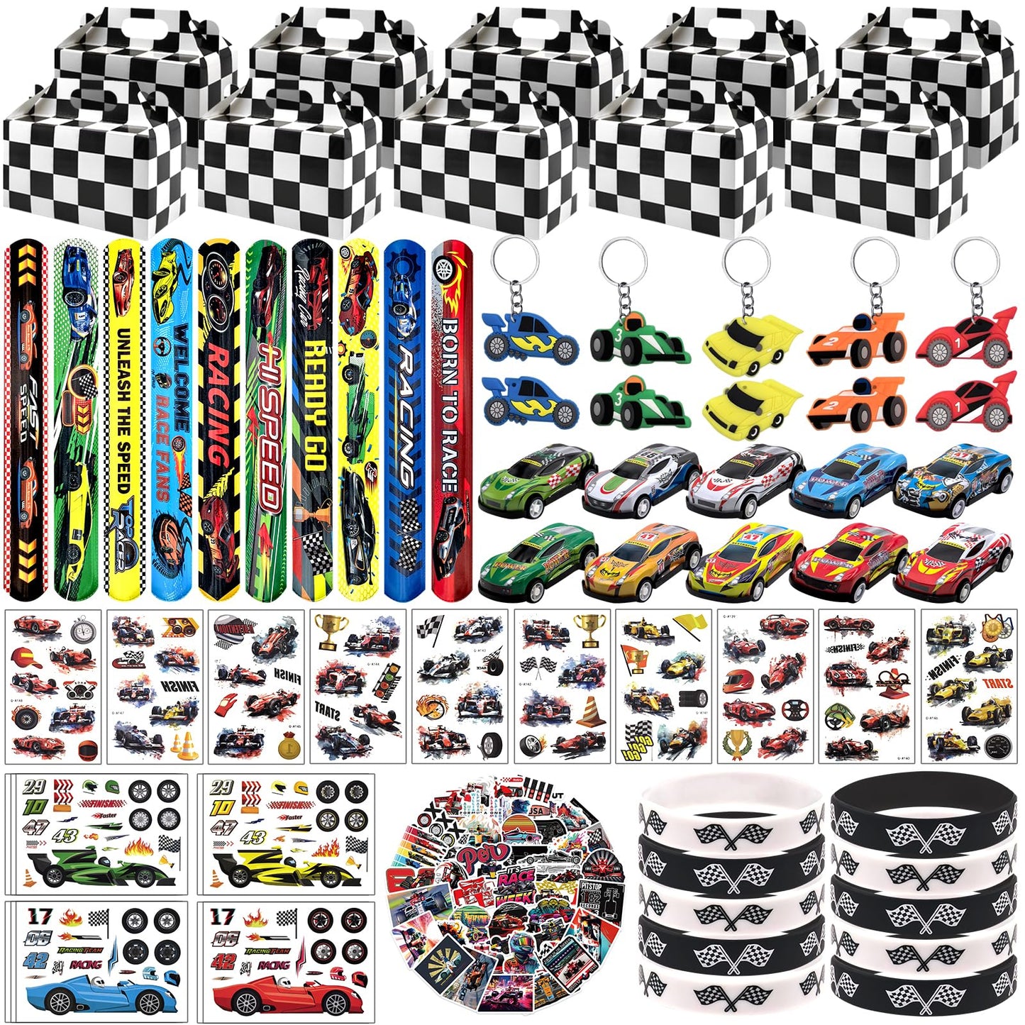 Joyvorite 120 Pcs Race Car Party Favors Set with Keychains Slap Bracelets Tattoo Stickers Wristbands Treat Boxes Treat Bags Stuf