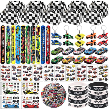 Joyvorite 120 Pcs Race Car Party Favors Set with Keychains Slap Bracelets Tattoo Stickers Wristbands Treat Boxes Treat Bags Stuf