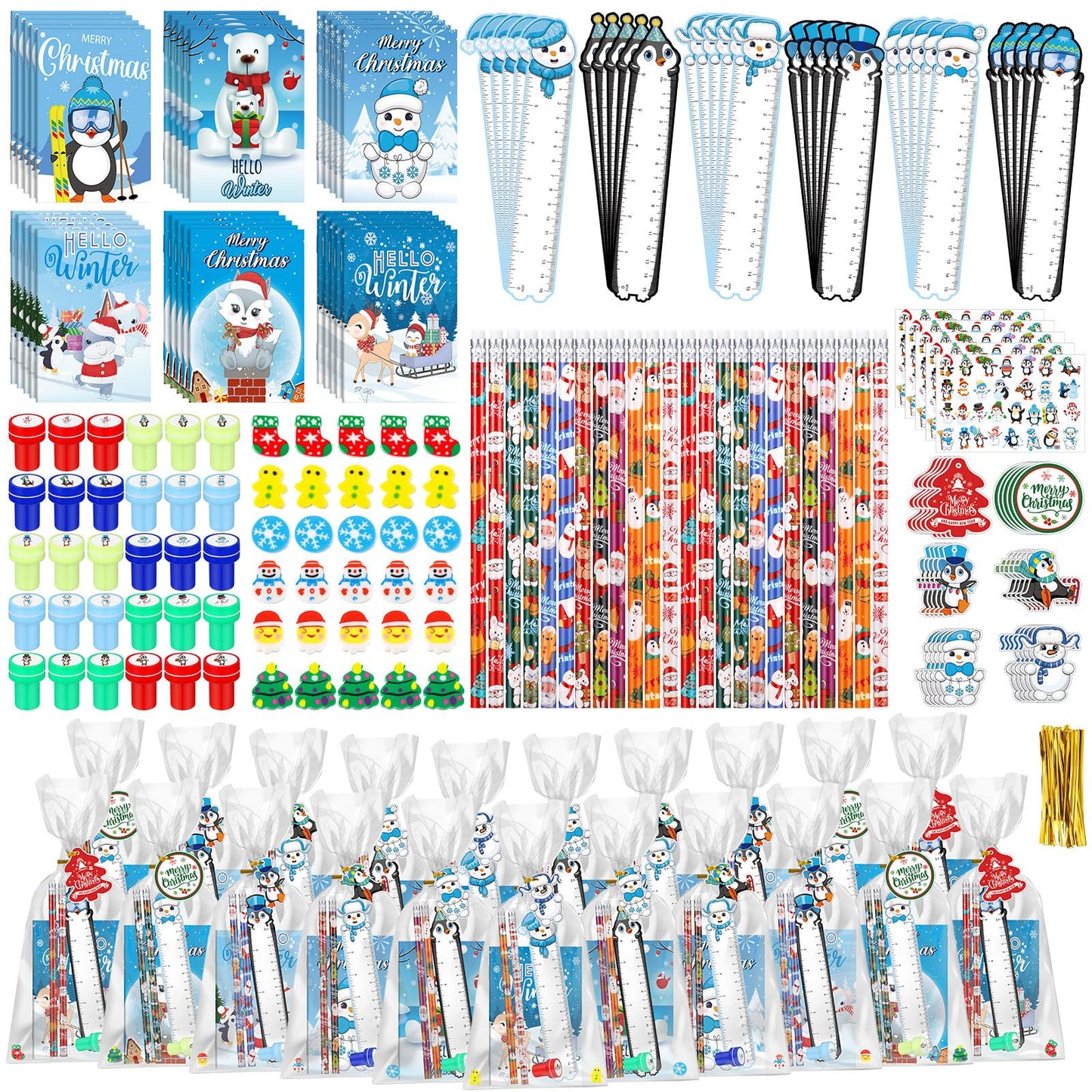 Zhanmai 350 Pcs Winter Christmas Party Favors Winter Holiday Stationery Set for Stocking Stuffers 30 Pack with Notebook Pencils 