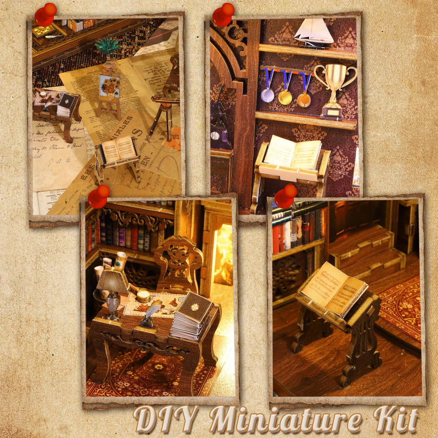 Book Nook Kit, Mojino Diy Miniature 3D Puzzle Wooden Bookends Doll House With Led Lights For Bookshelf Decor, Tiny Miniverse Mod