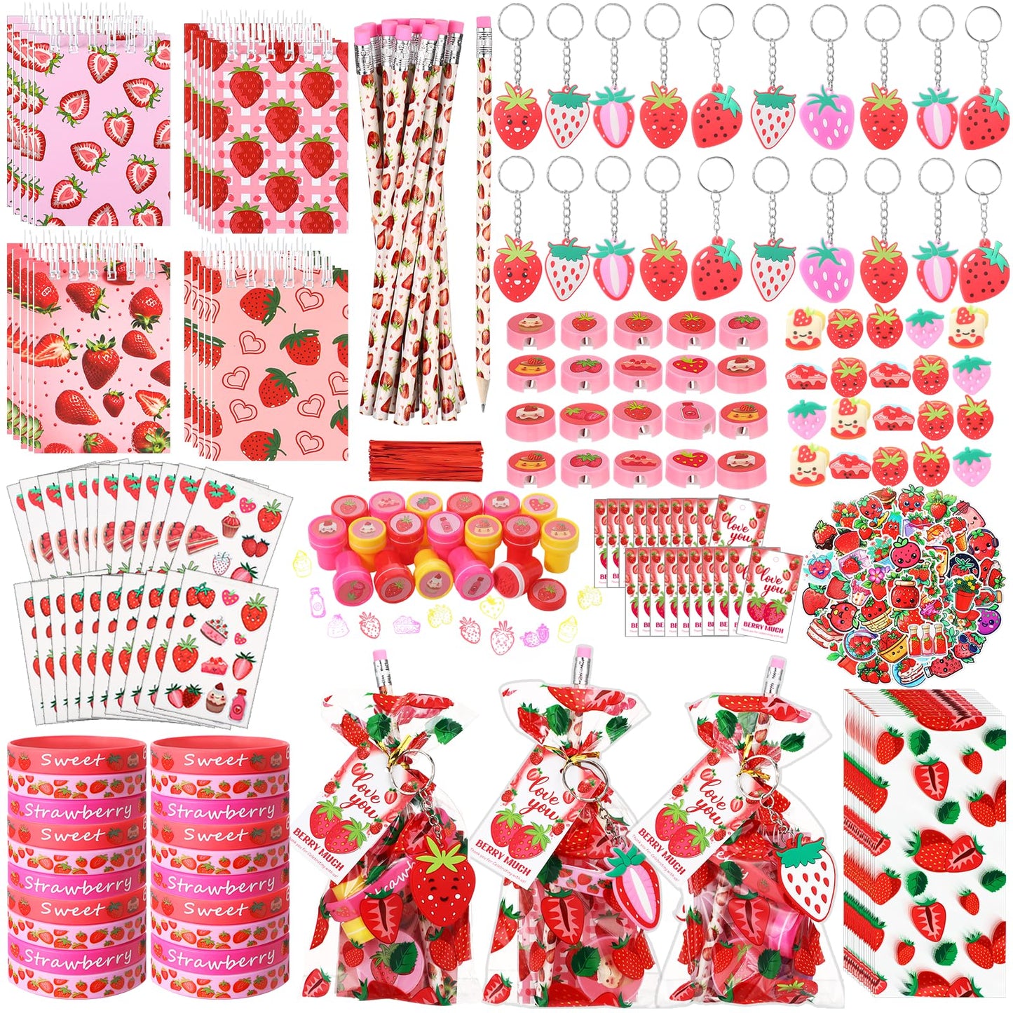 Sayglossy 251 Pcs Strawberry Party Favors Set Includes Gift Bags Pencils Notebook Sharpener Slap Bracelets Rings Keychains Tatto