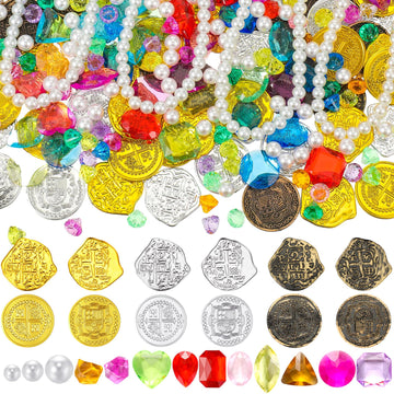 Hanaive 319 Pcs Pirate Treasure Pirate Gold Fake Coins Plastic Pirate Gems And Jewels Playset Pirate Party Decor Treasure For Pi