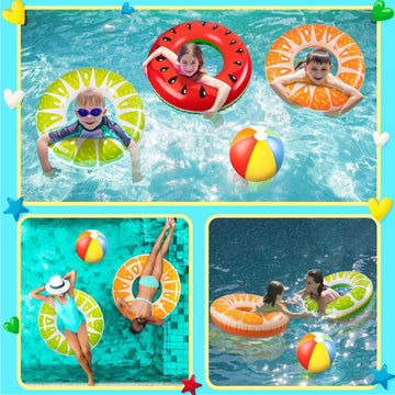90Shine 7Pcs Fruit Pool Floats: Watermelon Kiwi Orange Lemon Swimming Rings With 13.5' Beach Balls - Inflatable Tubes Floaties Toys For Kids Adults