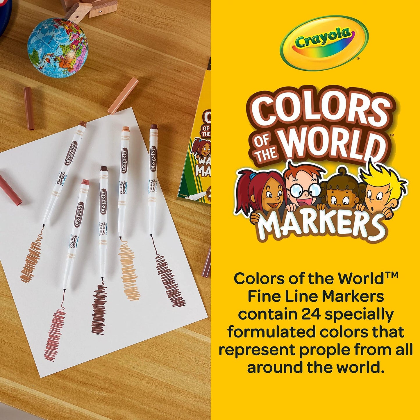 Crayola Colors of the World Markers, Washable Skin Tone Fine Line Markers, 24 Count, Multi Color, Ages 3+