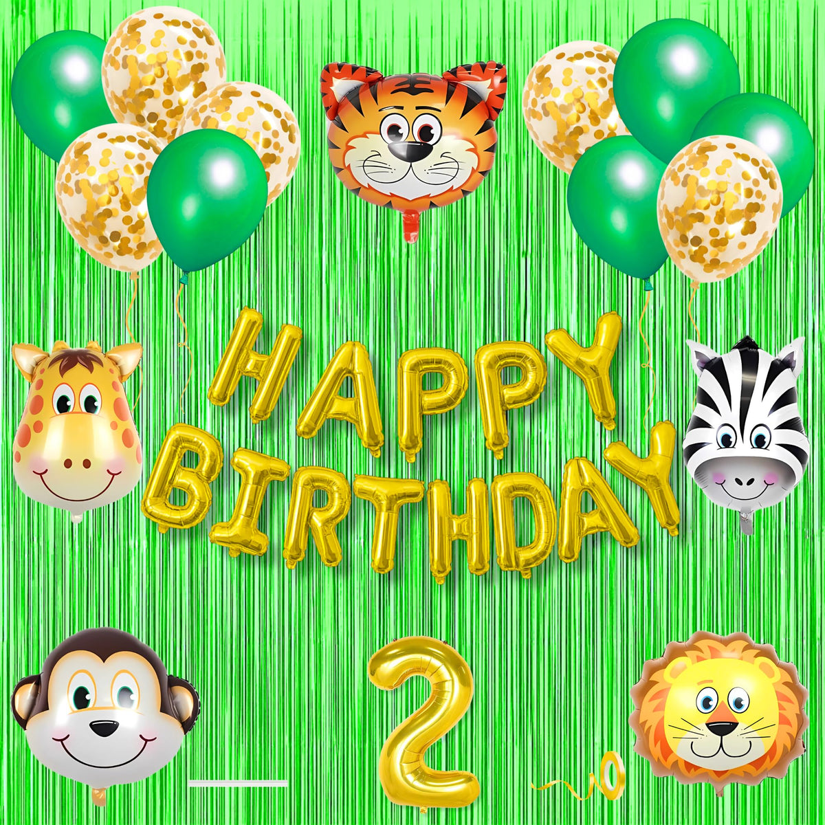 2Nd Jungle Theme Birthday Banner Decoration Kit 18 Pcs For 2 Year Old Baby Boys Girls Kids Wild Animal Safari Gold Confetti Meta