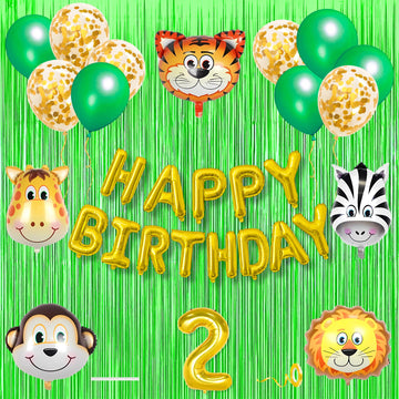 2Nd Jungle Theme Birthday Banner Decoration Kit 18 Pcs For 2 Year Old Baby Boys Girls Kids Wild Animal Safari Gold Confetti Meta