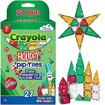 Createon Crayola Holiday Glitter Mini Pip Magnetic Tiles, Magnetic Kids’ Building Toys, Stem Learning Travel Toys For Boys And Girls, 27-Piece Set