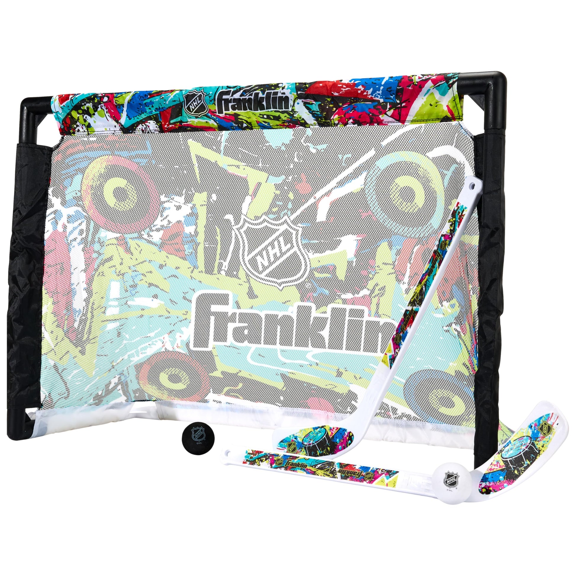 Franklin Sports NHL Kids Mini Hockey Set - Includes (1) Knee Hockey Goal, (2) Mini Sticks + (2) Foam Balls - Indoor Toy Youth Go