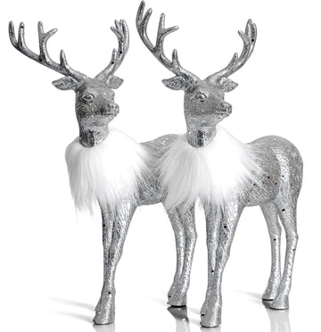 Ornativity Silver Glitter Christmas Reindeer - Xmas Holiday Party Deer Figurine Statues Dinner Tabletop Decorations Centerpiece Mantle - 12' Pack Of 2