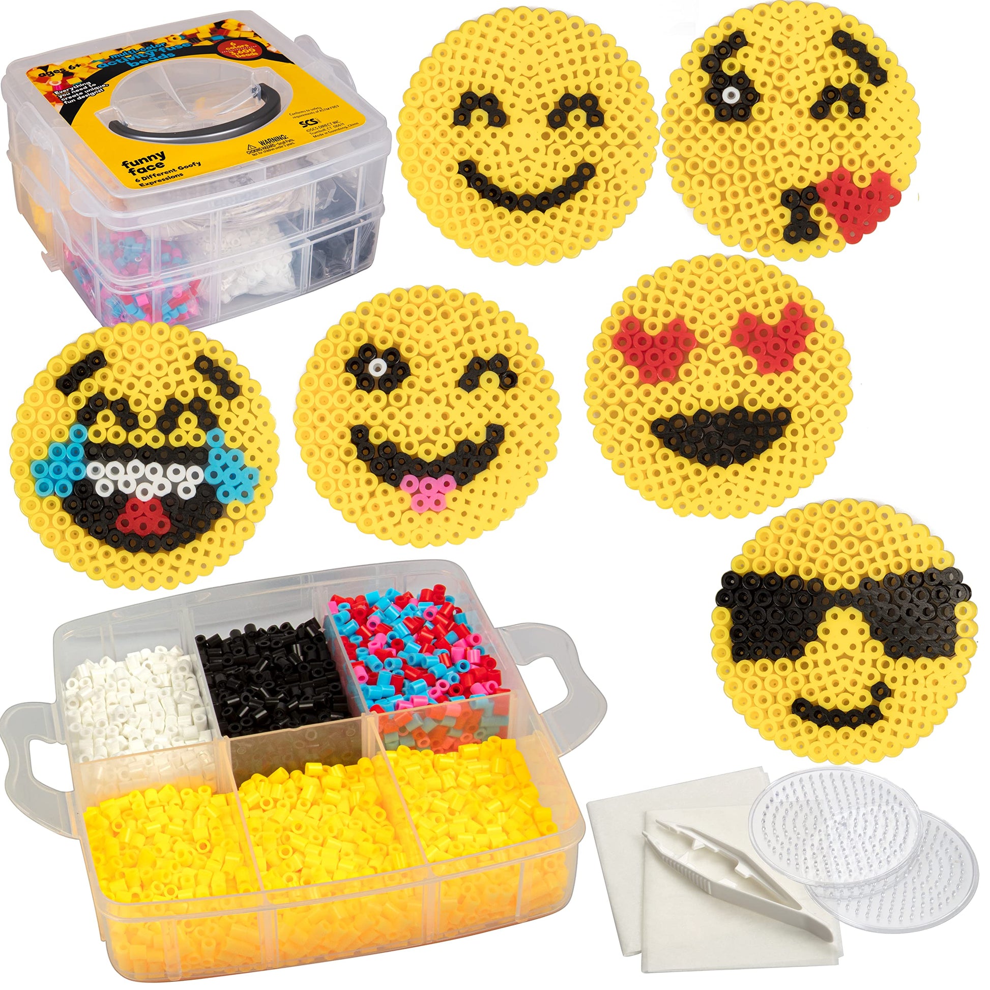 Emoji Smiley Face Fuse Beads- 6 Different Emojis - 3600pcs (6 Colors), Tweezers, Peg Boards, Ironing Paper, Case - Works with Pe