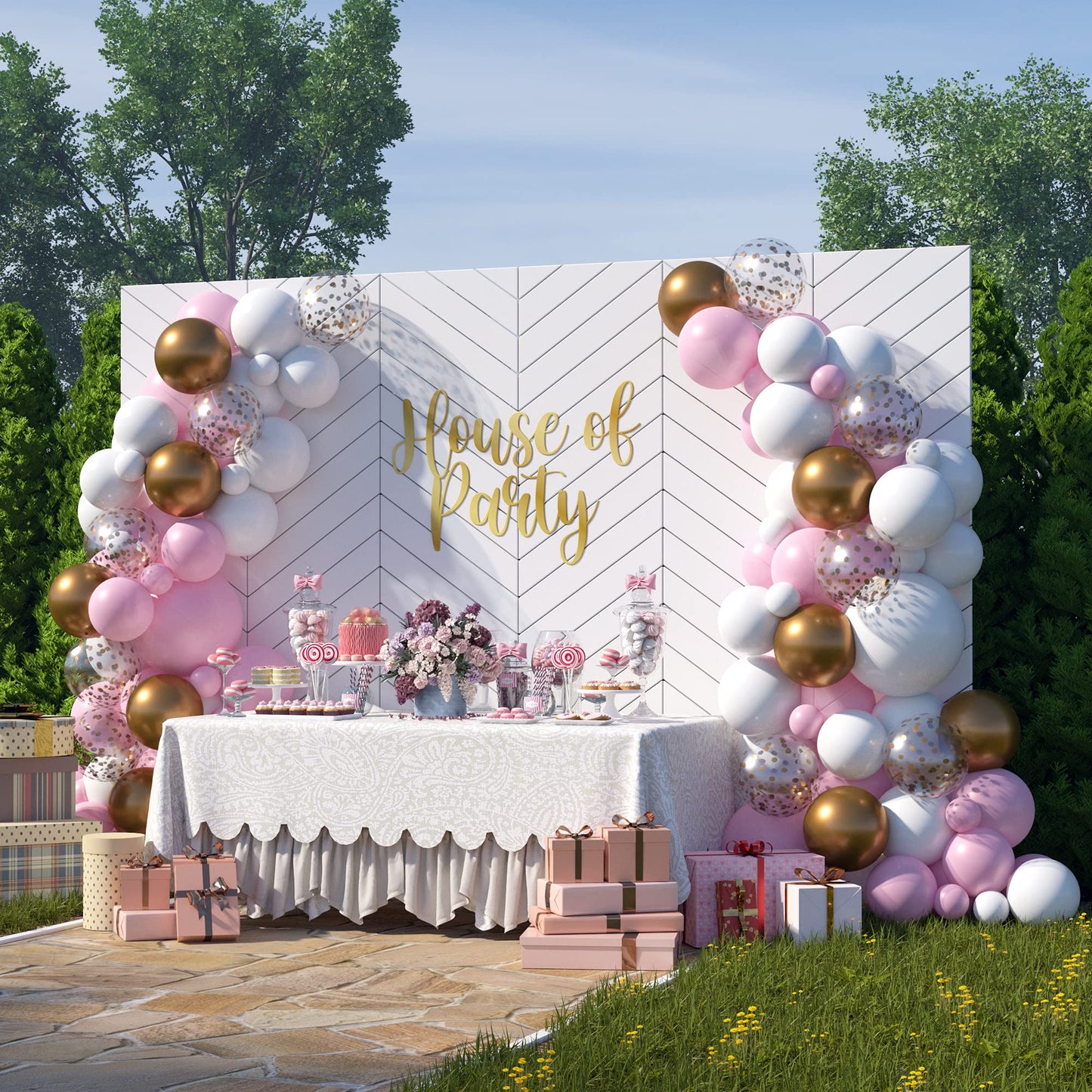 House Of Party Pink Balloons - Silver &Patel Pink Balloons Arch - Pink And White Balloon Garland Kit For Birthday Decorations, B