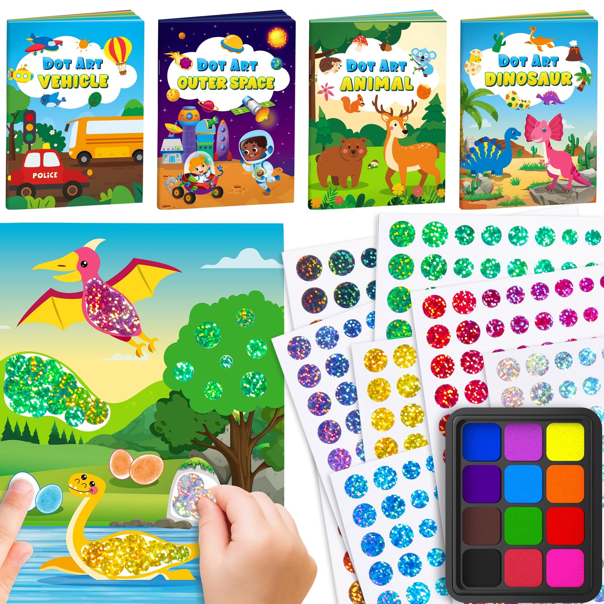 D-FantiX Dot Art Sticker Activity Book with Ink Pad, Mess-Free Finger Painting for Toddlers, Dinosaur, Animal, Outer Space, Vehi