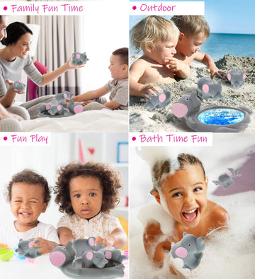 Dollibu Elephant Family Animal Bath Squirters 4 Piece Bath Toy Set, Children Bath Toys For Bathtime & Water Fun, Girls & Boys Floating Rubber Squirt Toys, Pool Toys For Kids - Gray Elephant