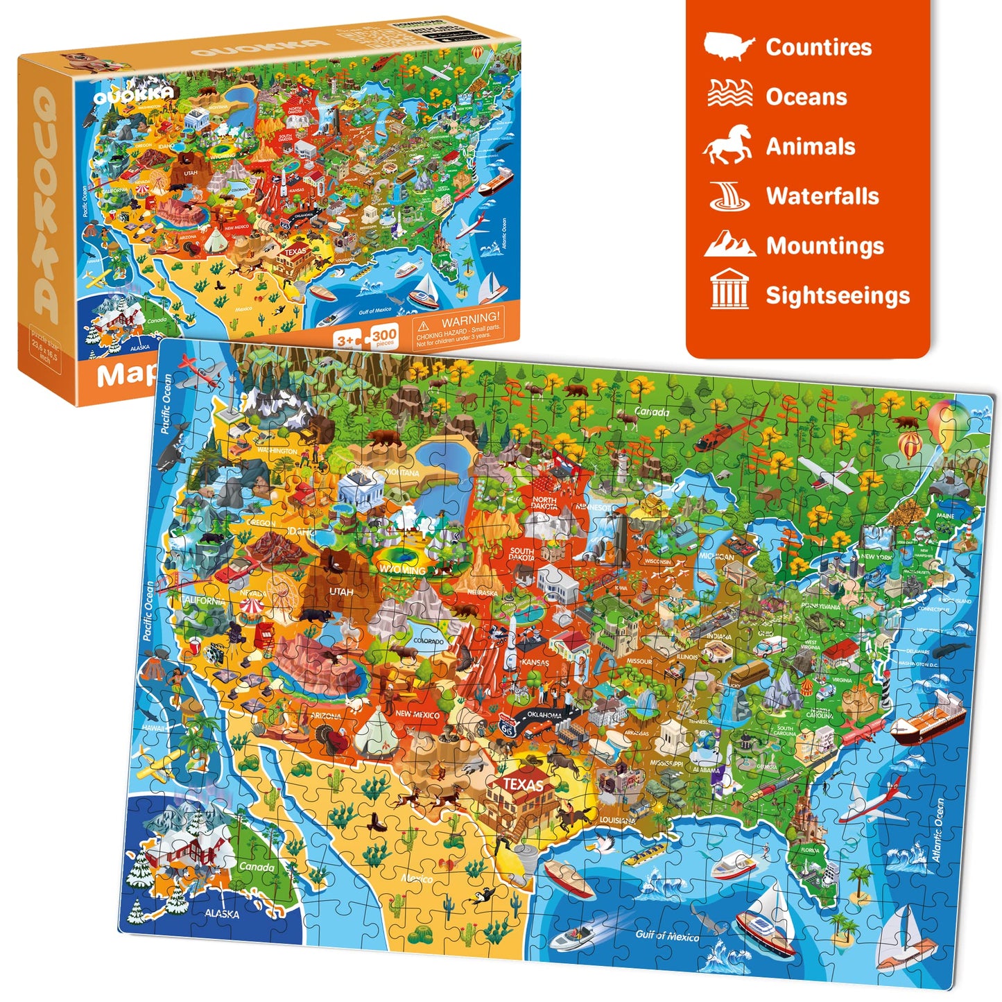 Quokka 300 Piece Floor Puzzles For Kids Ages 10-12 - 3X Set Floor Jigsaw Puzzles Large Pieces - Learning Space Usa And World Maps - Gift Game For Adults Family Boys And Girls 8-10 Year Olds