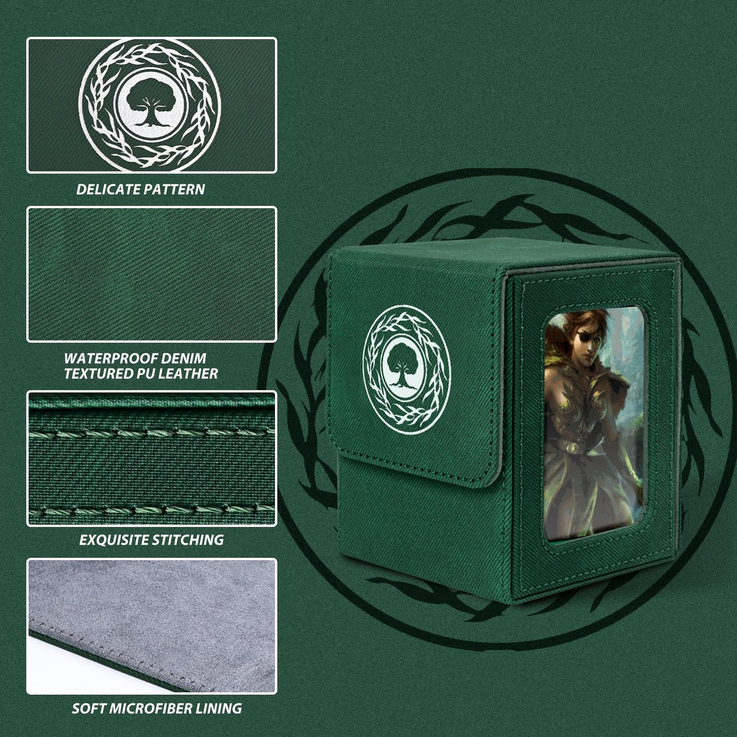 Infinity Guard MTG Deck Box with Commander Display for 120+ Single Sleeved Cards  Denim Magnetic Card Storage Box Fits for TCG CCG Magic Cards (Ink&Green)