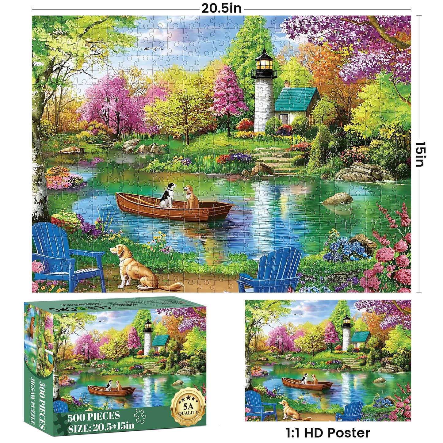 500 Piece Puzzle for mature-themed Large Piece Lake Landscape Puzzle for Kids Teen mature-themeds Unique Fun Dog Jigsaw Puzzle Challenging Family Activity Game Gift for Family  Friends  Men  Women  Seniors 20.5*15 In