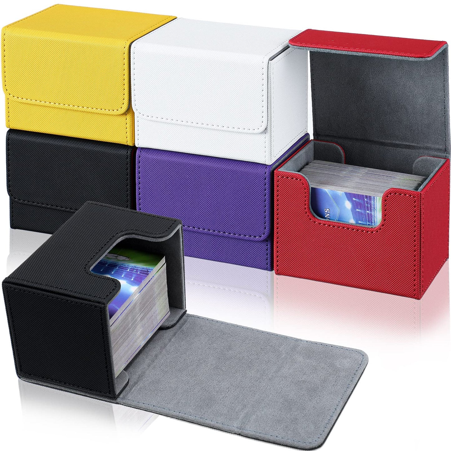 Yookeer 6 Pack Leather Deck Card Boxes 100+ Card Deck Game Box Magnetic Playing Card Deck Card Storage Box For 100 Plus Cards Compatible With Mtg Tcg (White,Black,Red,Yellow,Purple, Horizontal)