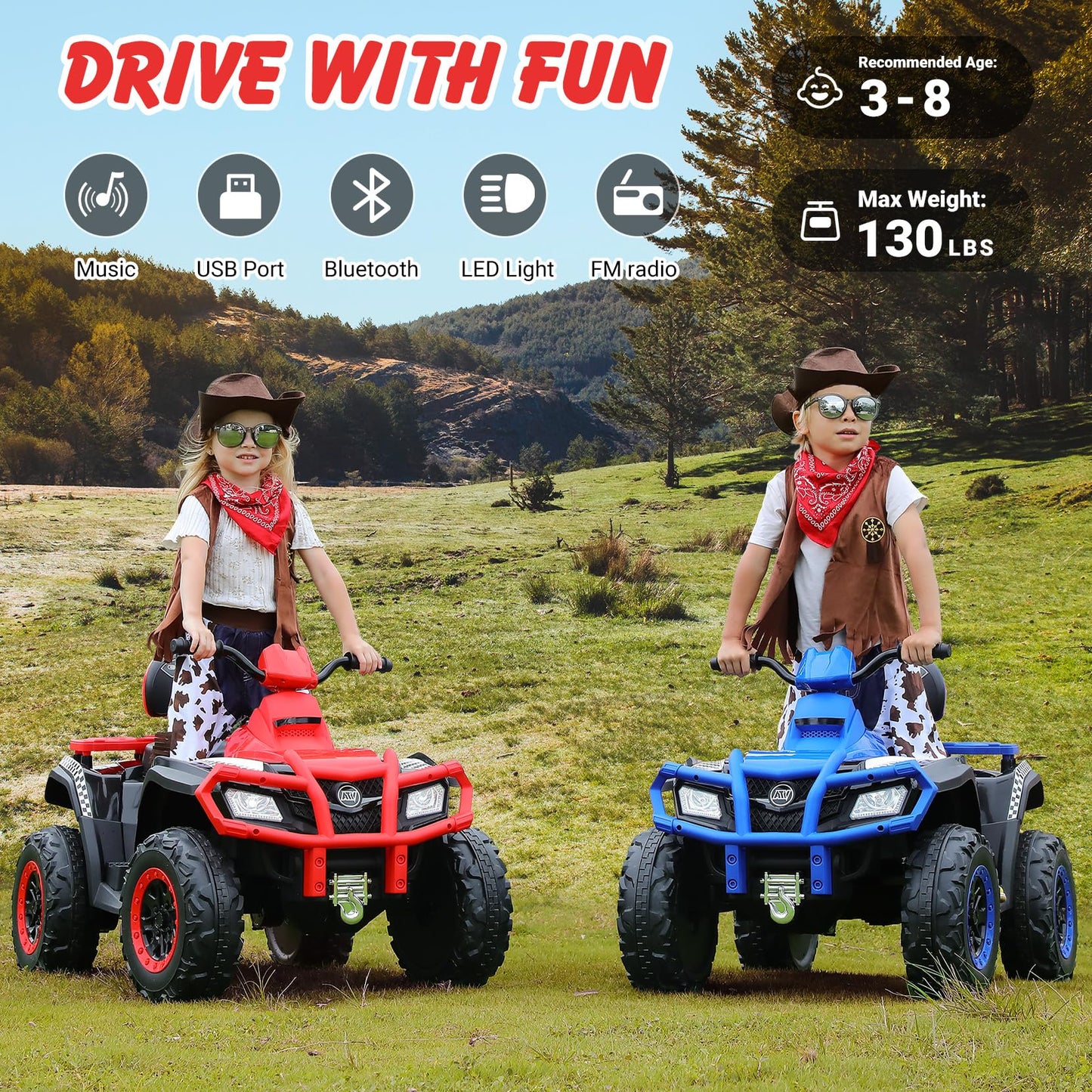 Elemara 24V 2 Seater Kids Ride-On Electric Atv,4 Wheeler Kids Quad Electric Car With Total 400W Motors, 5Mph Max Speed, 2 Charging Ports, Led Headlights, Music, Radio, Ride On Toys For Big Kids, Red
