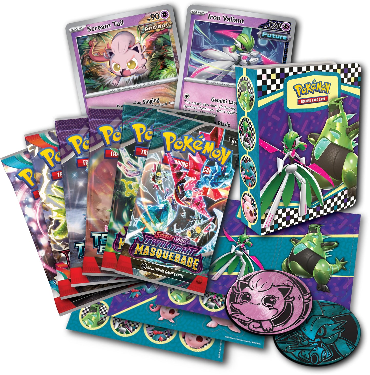 Pokemon Collector Chest - Scream Tail & Iron Valiant with 2 Foil Promo Cards, 6 Booster Packs, Multicolor
