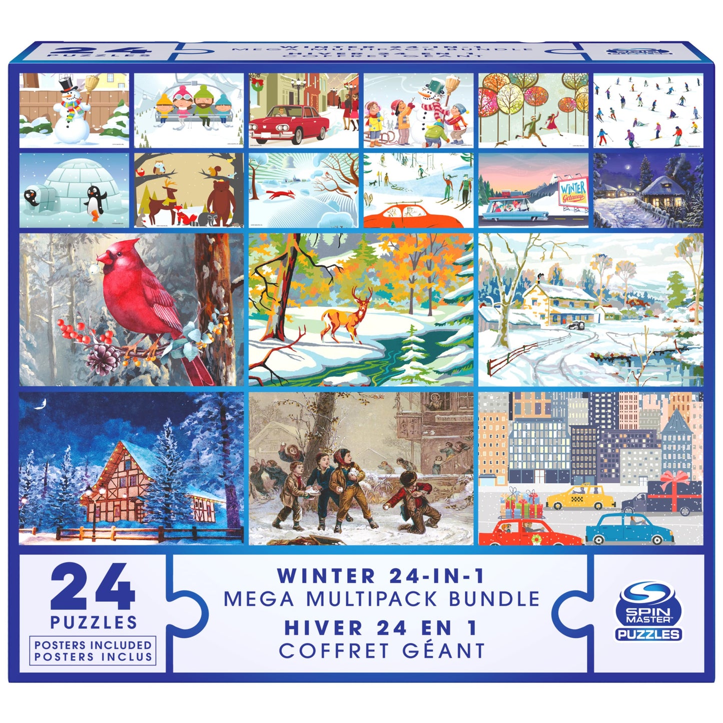 24 Jigsaw Puzzle Bundle, Holiday Winter Snow Illustration Landscape, 1000, 500, 300, 100, 48, 24 Pieces, for Kids and Adults Age