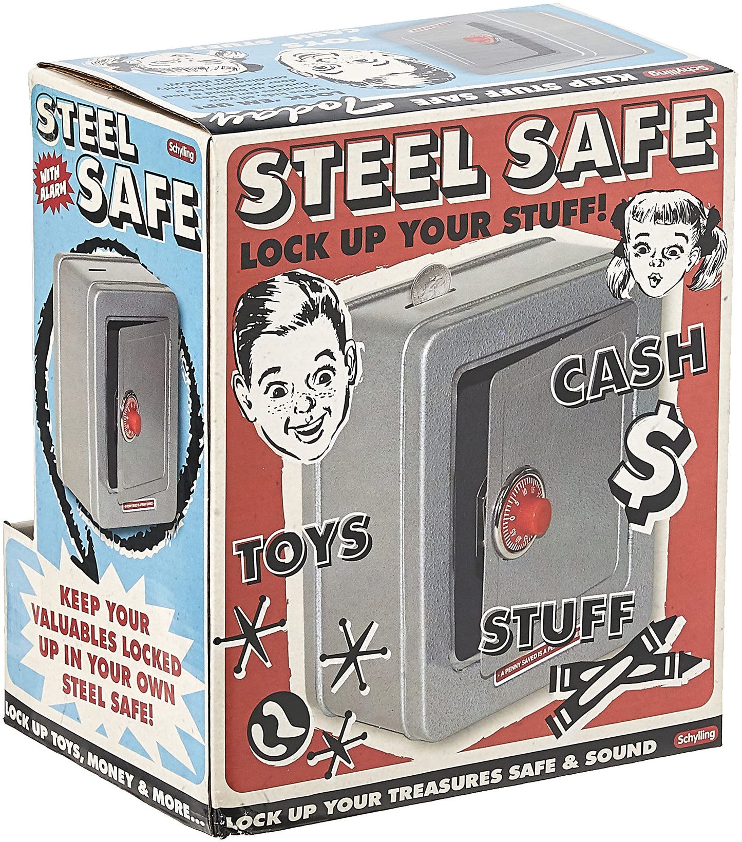 Schylling Classic 9" Steel Safe Bank with Alarm - Retro Treasure Box, Alloy Steel, Multi Color, Model NSSA, Ages 5-10