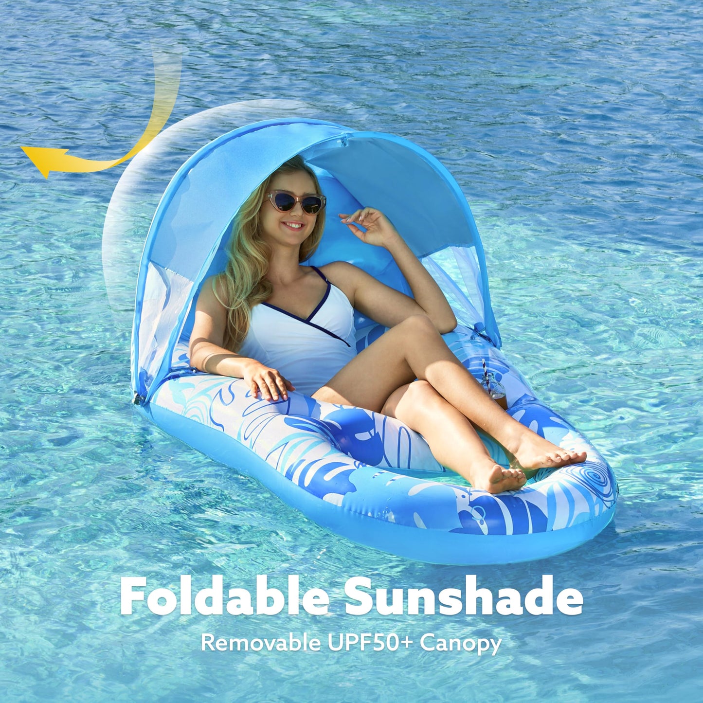 SLOOSH Inflatable Pool Floats Lounger mature-themed  Pool Lounge with Canopy Raft Floaties Water Floating Recliner Chair with Cup Holders Foot Rest Swimming Floaty