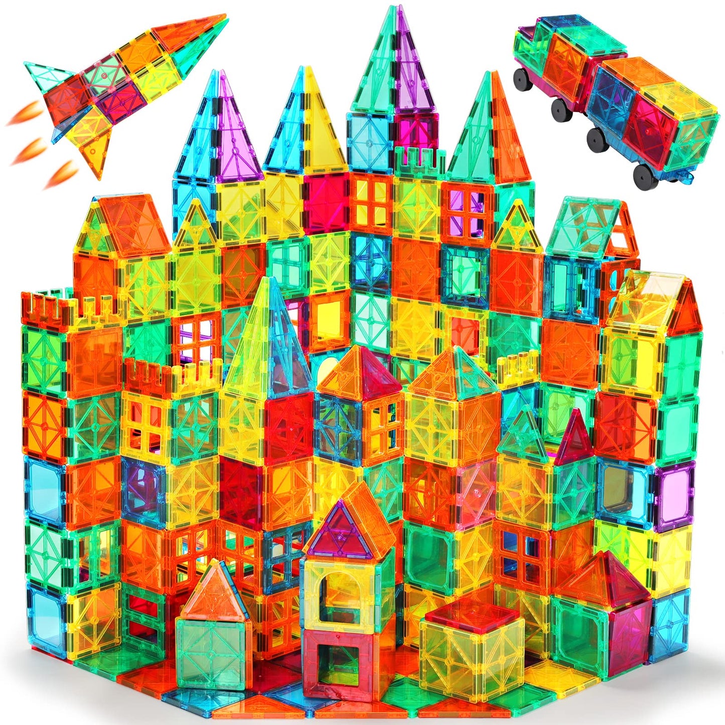 Anbalulu Magnetic Tiles, 100Pcs Magnetic Blocks For Kids, Magnet Building Set With 2 Cars, Construction Building Set,Stem Sensor