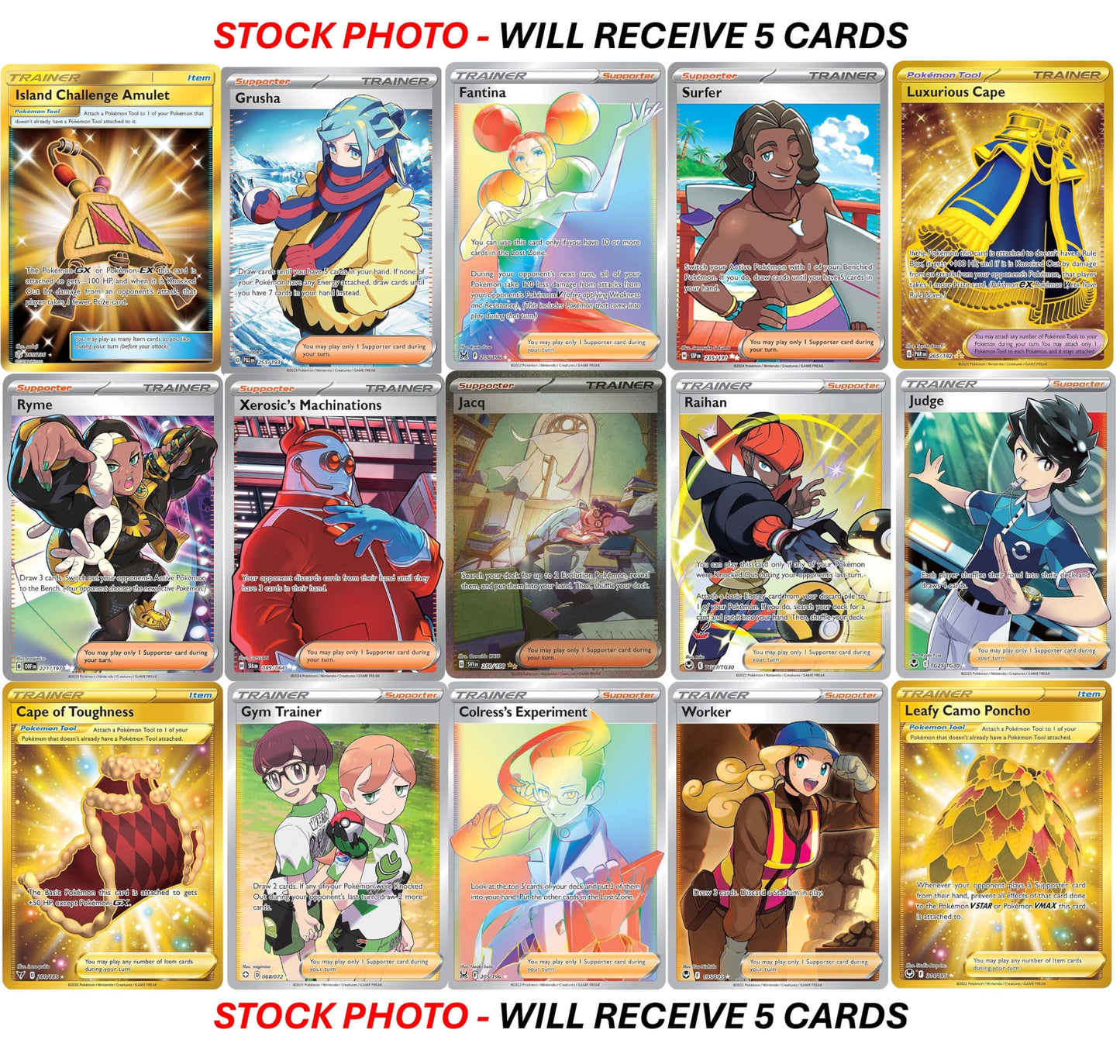 Pokemon 5 Full Art Trainer Card Lot - X1 Secret Rare  X4 Full Art Etched Cards - No Duplicates