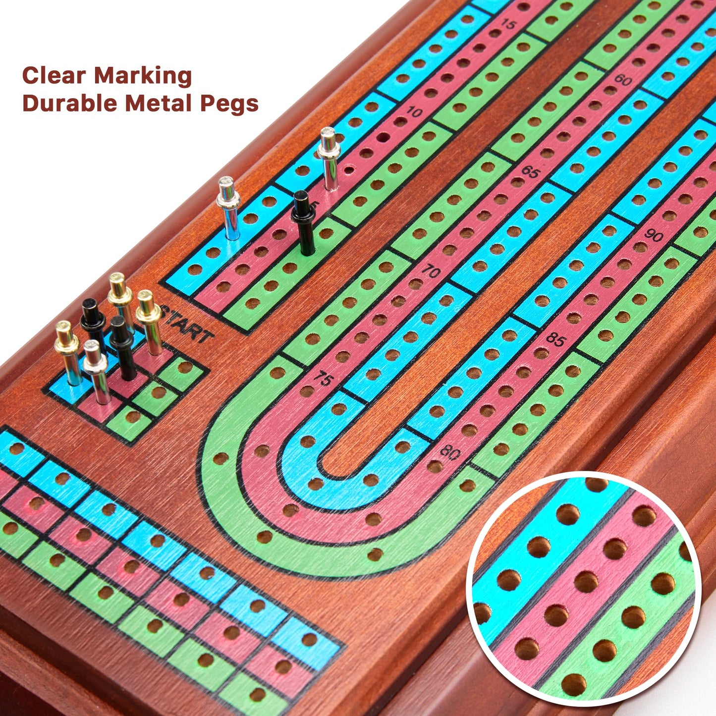 Elongdi Wooden Cribbage Board Game Set With Large Storage Area,9 Metal Pegs & 2 Playing Cards Continuous Solid Wood 3 Track Board Travel Portable Cards Games For Adults Family