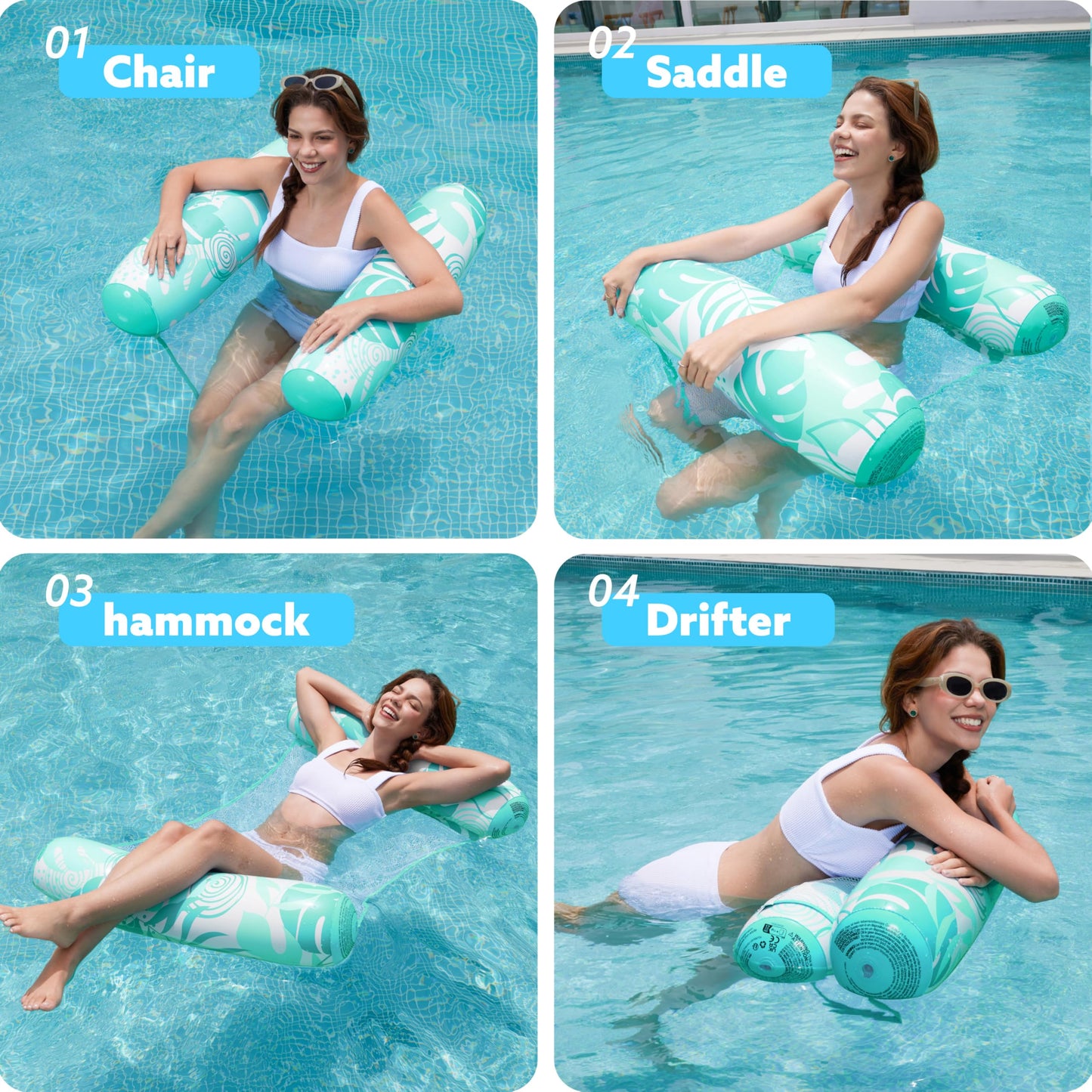 Sloosh Hammock Pool Floats Adults, 4-In-1 Multi-Purpose Inflatable Pool Floaties Pvc Water Hammock Lounge (Tropical Leaves- Cyan
