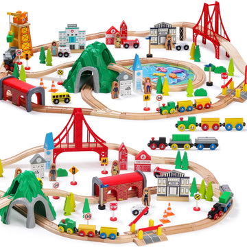 Sainsmart Jr. 112-Piece Wooden Train Set For Toddler – Double-Sided Train Tracks, Compatible With Brio, Thomas, Melissa & Doug – Perfect Wood Toy For Boys And Girls