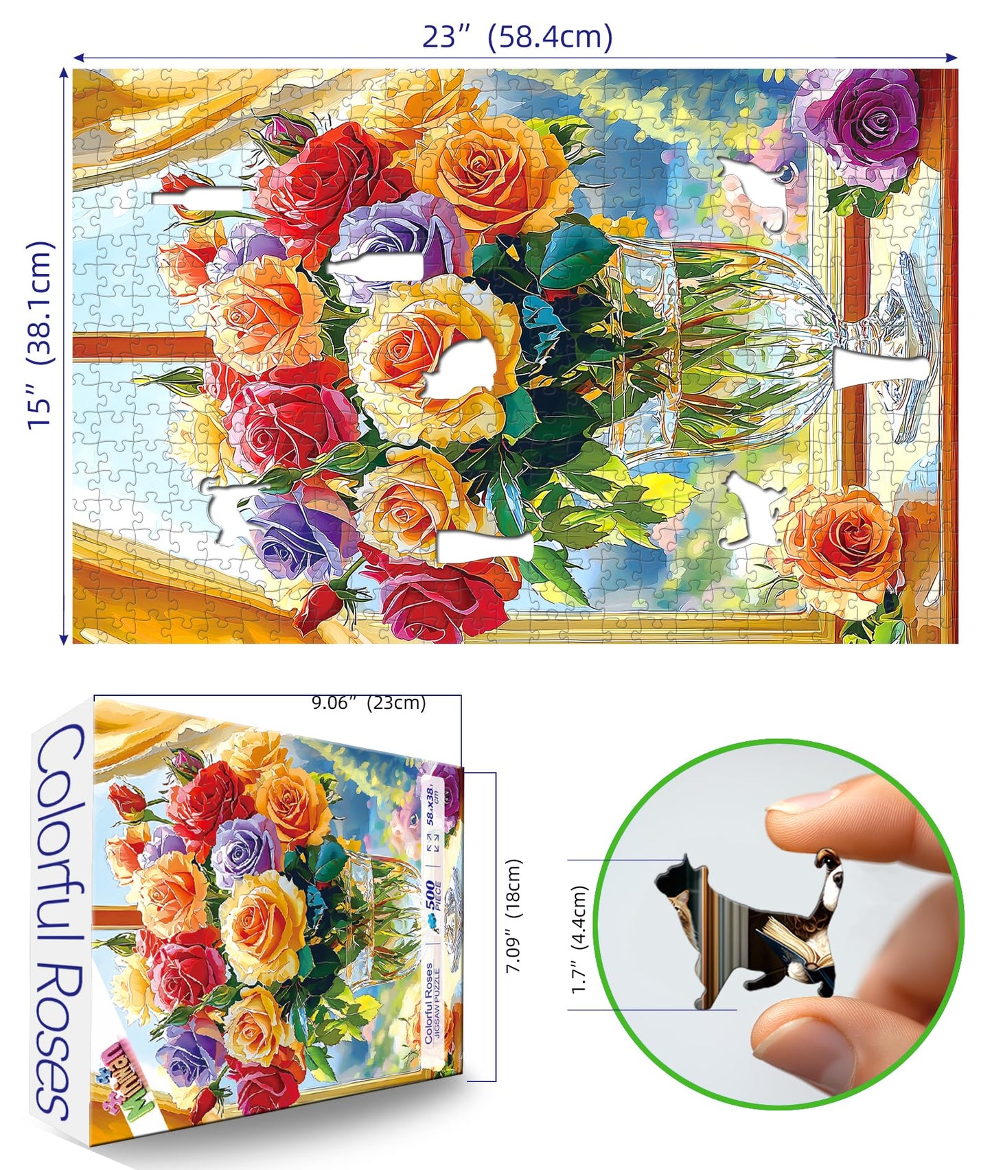 MINIWAN 500-Piece Jigsaw Puzzle for mature-themeds - Colorful Roses in Glass Vase  23x15 Inch Challenging Puzzle  Floral Puzzle for mature-themeds & Teens  enhanced Thick Cardboard Pieces with Reference Poster