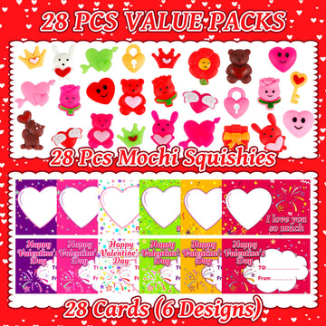 Octeric 28 Packs Valentines Day Gards With Mochi Squishy Toy, Kawaii Stress Relief Squeeze For Kids, Exchange Gifts Classroom Pr