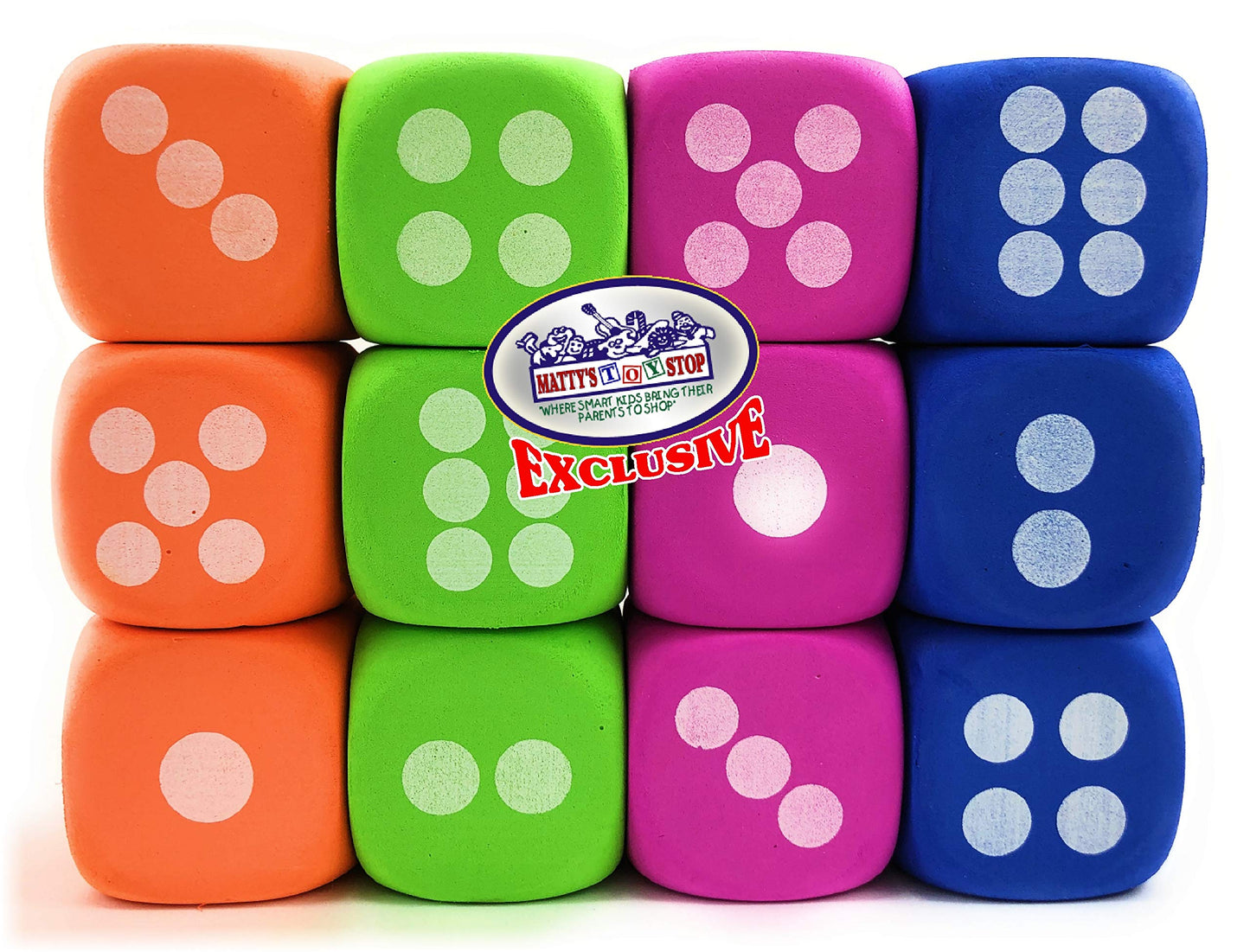 Deluxe Large 2.25 EVA Foam Dice (Pack of 12) with Bonus Mattys Toy Stop Storage Bag