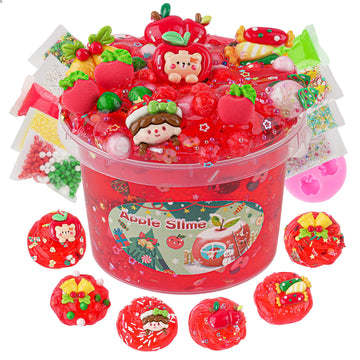 Lawoho 300Ml Apple Slime With Clay, Red Clear Slime Kit For Stocking Stuffers With 9 Packs Slime Add-Ins, Christmas Slime For Kids Party Favors, Slime Kit For Birthday Halloween Christmas Easter Gifts