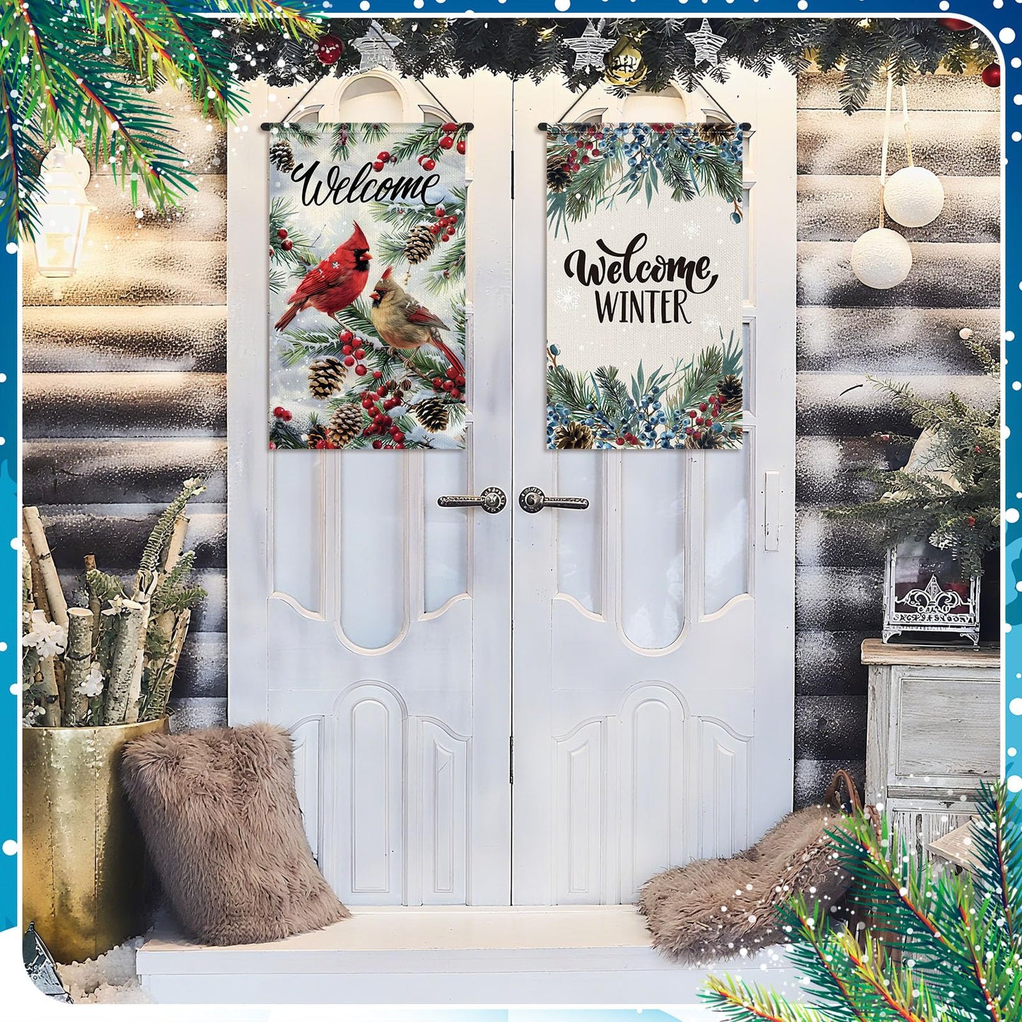 Tegeme Winter Hanging Banner Cardinal Flag Decoration, 12x20 Inch, Colorful Pine Tree Design, Holiday Ornaments