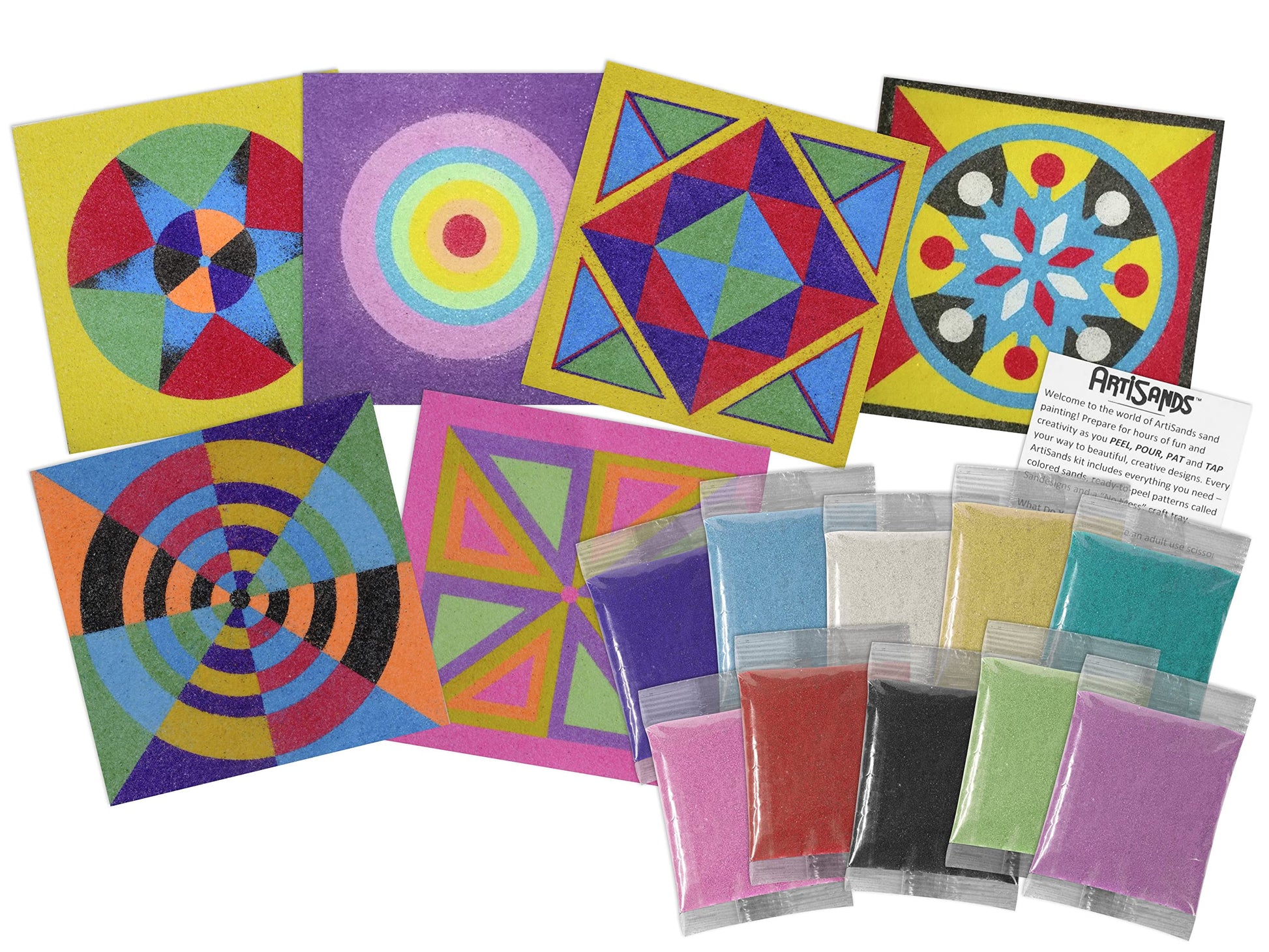 Activa ArtiSands Geometric Sand Art Board Craft Kit, 6 Designs & 10 Sand Colors | Includes Storage Box Craft Tray