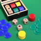 Fun Left Right Roll Dice Game Set  Include 3 1-inch Wooden Dices and 48 Pcs Chips in Black Wooden Box  Easy to Store and Carry Around for Travel