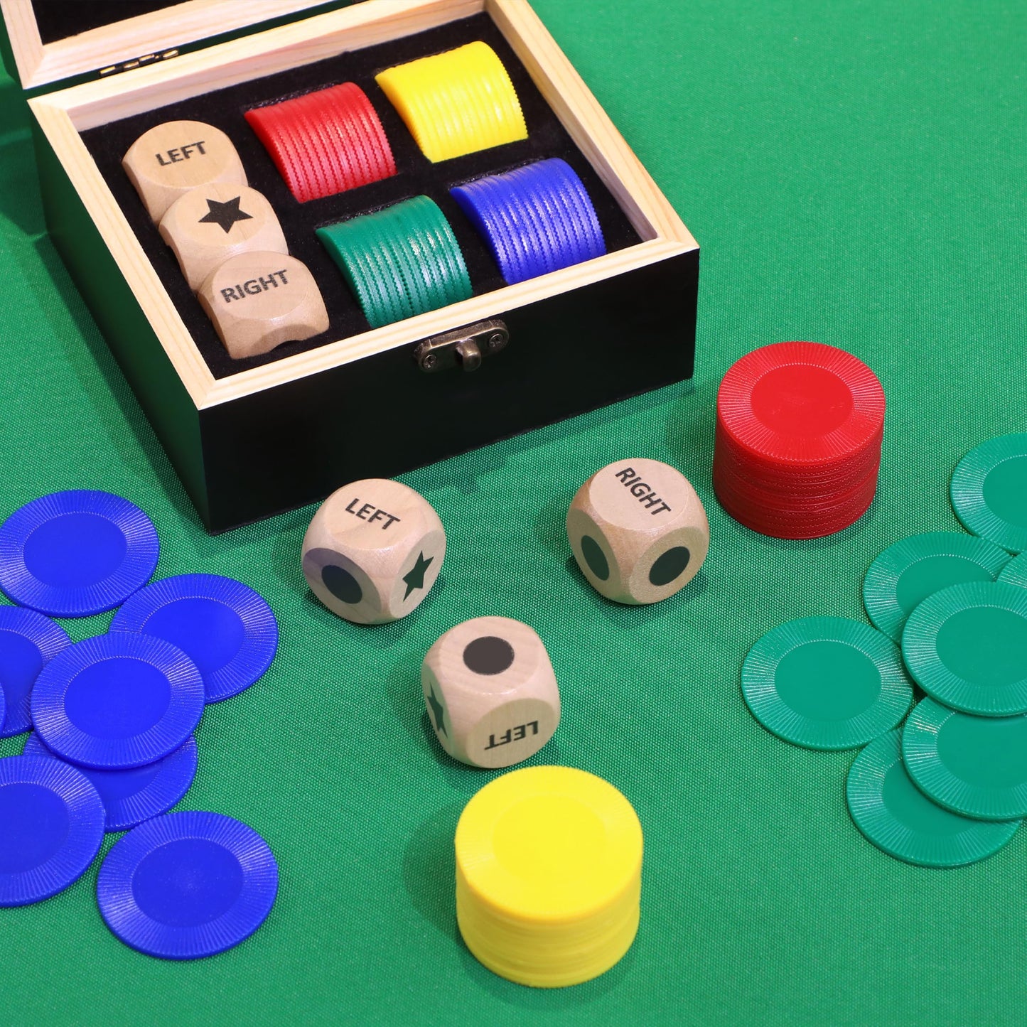 Fun Left Right Roll Dice Game Set  Include 3 1-inch Wooden Dices and 48 Pcs Chips in Black Wooden Box  Easy to Store and Carry Around for Travel