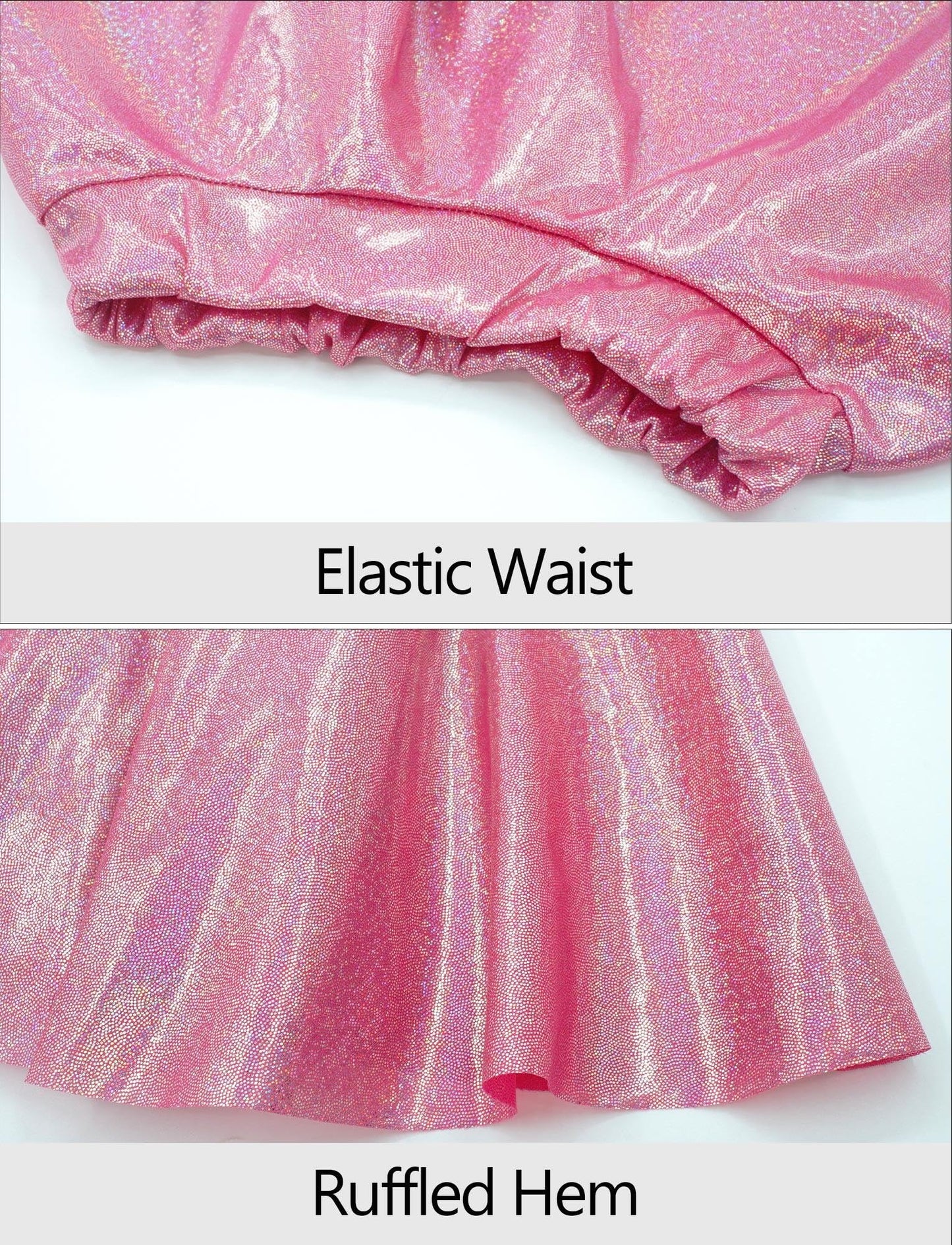 Happy Cherry 2Pcs Kids Girls Shiny Metallic Short Sleeve Crop Top With Pleated Skirt Set Dancewear Performance Costumes Rose Red