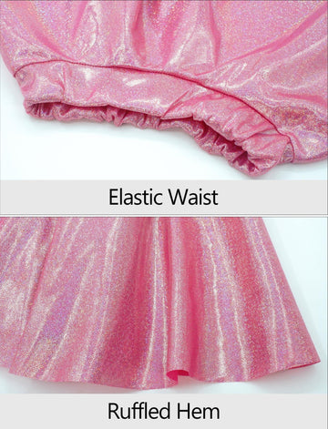 Happy Cherry 2Pcs Kids Girls Shiny Metallic Short Sleeve Crop Top With Pleated Skirt Set Dancewear Performance Costumes Rose Red