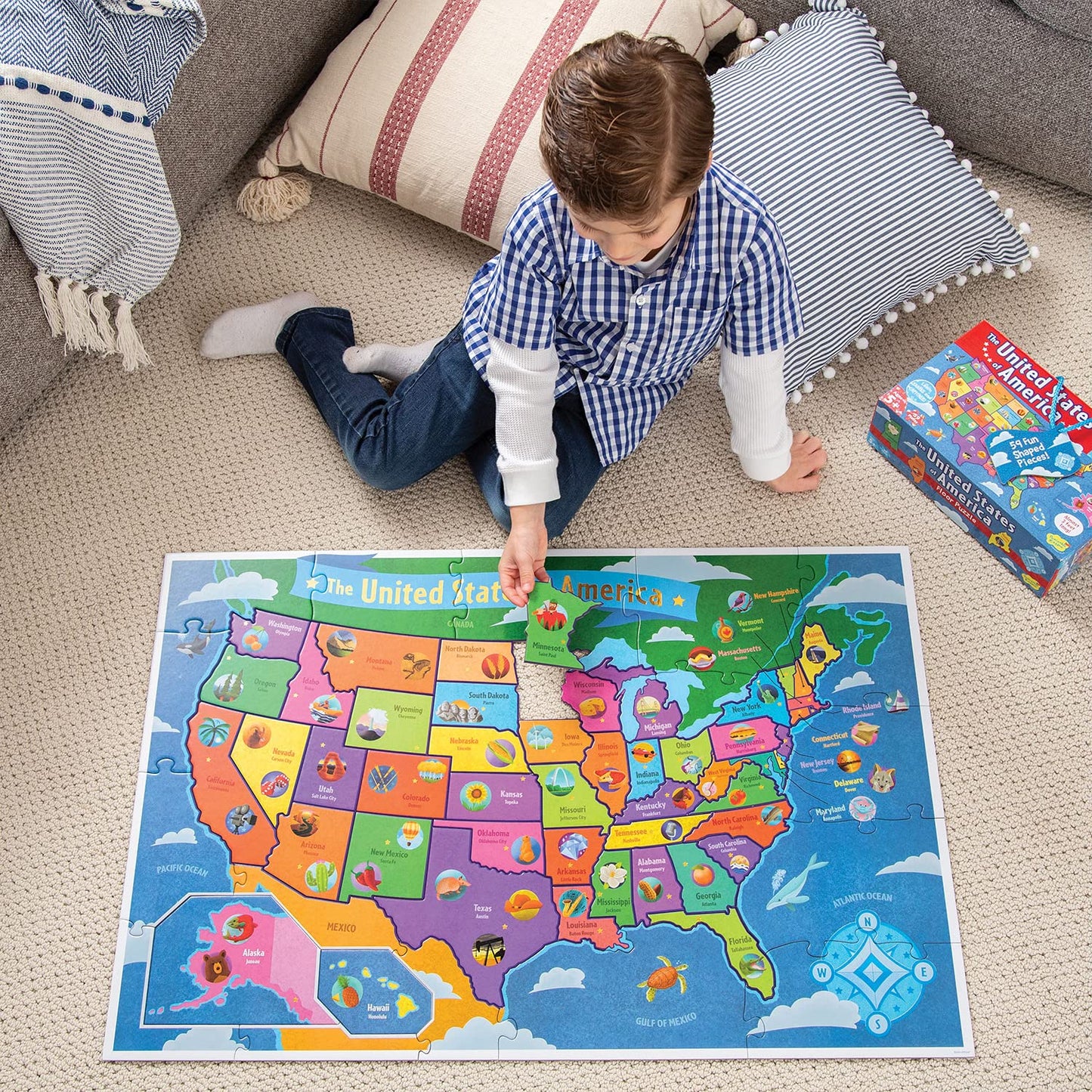 Peaceable Kingdom United States Floor Puzzle for Kids - USA States & Capitals Map for Ages 5+, Preschool Toy for Boys & Girls