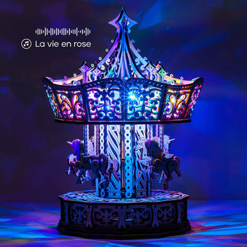 Wood Trick Parisian Carousel Music Box Rotating With Backlit - 3D Wooden Puzzles For Adults And Kids To Build Diy - Wooden Music Box Kit - La Vie En Rose Tune - Engineering Diy Wooden Model