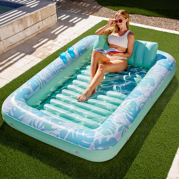 Sloosh Inflatable Tanning Pool Lounger Float,85' X 57' Extra Large Pool Floats Adult With Pillow,4 In 1 Suntan Tub Raft Floatie,Sunbathing Bed Lounge Blow Up Ball Pit Party Gifts,Xl-Cyan White