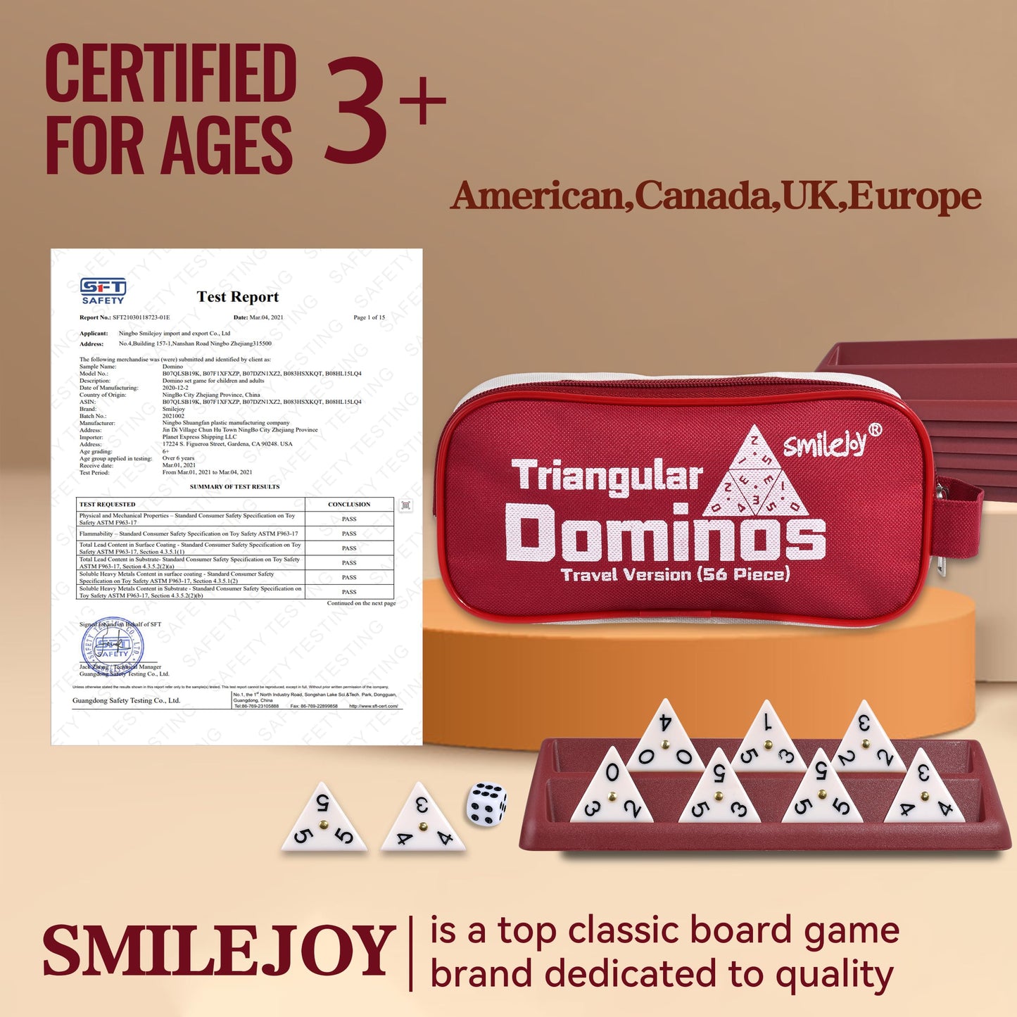 Smilejoy Triangle Domino Game - 56 Ivory Triangular Tiles with Brass Spinners, Standard Size, Ages 7+, 2-4 Players, Skill Training