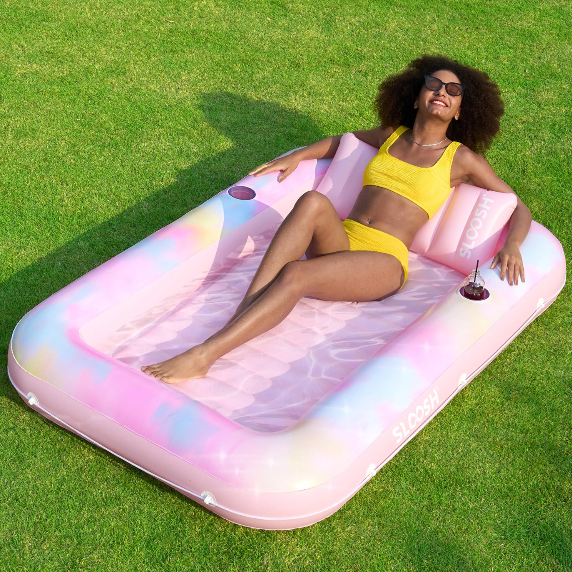 SLOOSH Inflatable Tanning Pool Lounger Float  70 x 46 Pool Floats mature-themed with Pillow  4 in 1 Suntan Tub Raft Floatie Sunbathing Bed Lounge for Water Blow Up Ball Pit Party Gifts Pink Tie-dye