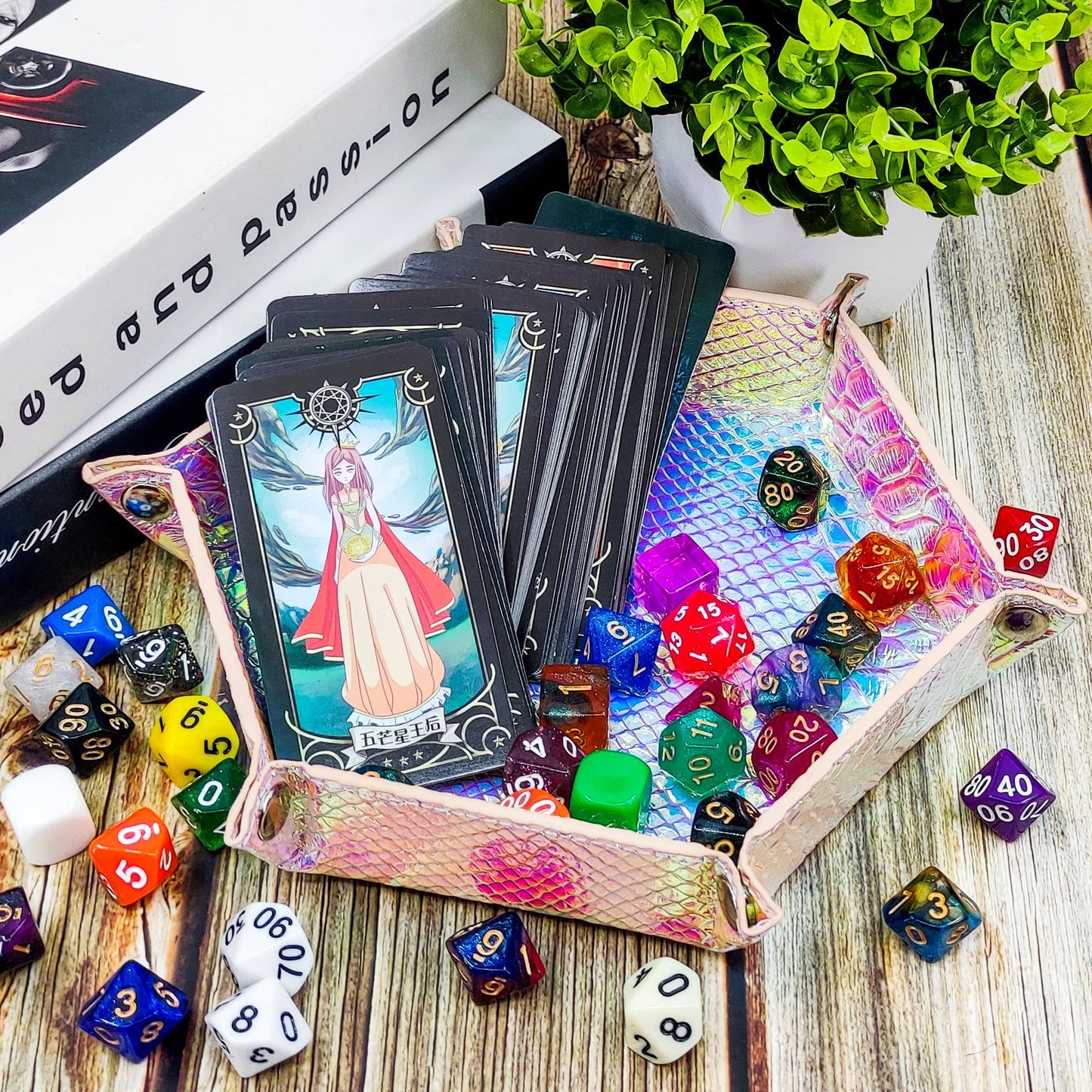 SIQUK 2 Pieces Mermaid Dice Tray PU Leather Dice Trays Portable Folding Hexagon Dice Roller Tray for Dice Games Like RPG, DND an