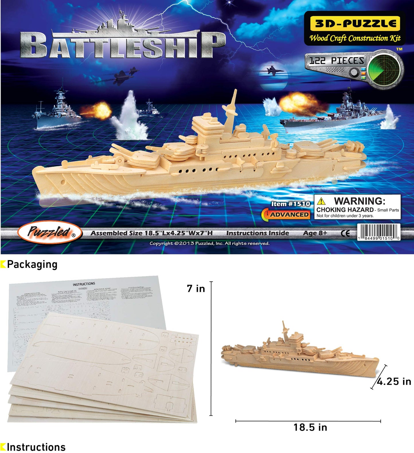 Puzzled 3D Puzzle Navy Ship Model Kit - 122 Pieces Natural Wood Educational DIY Toy