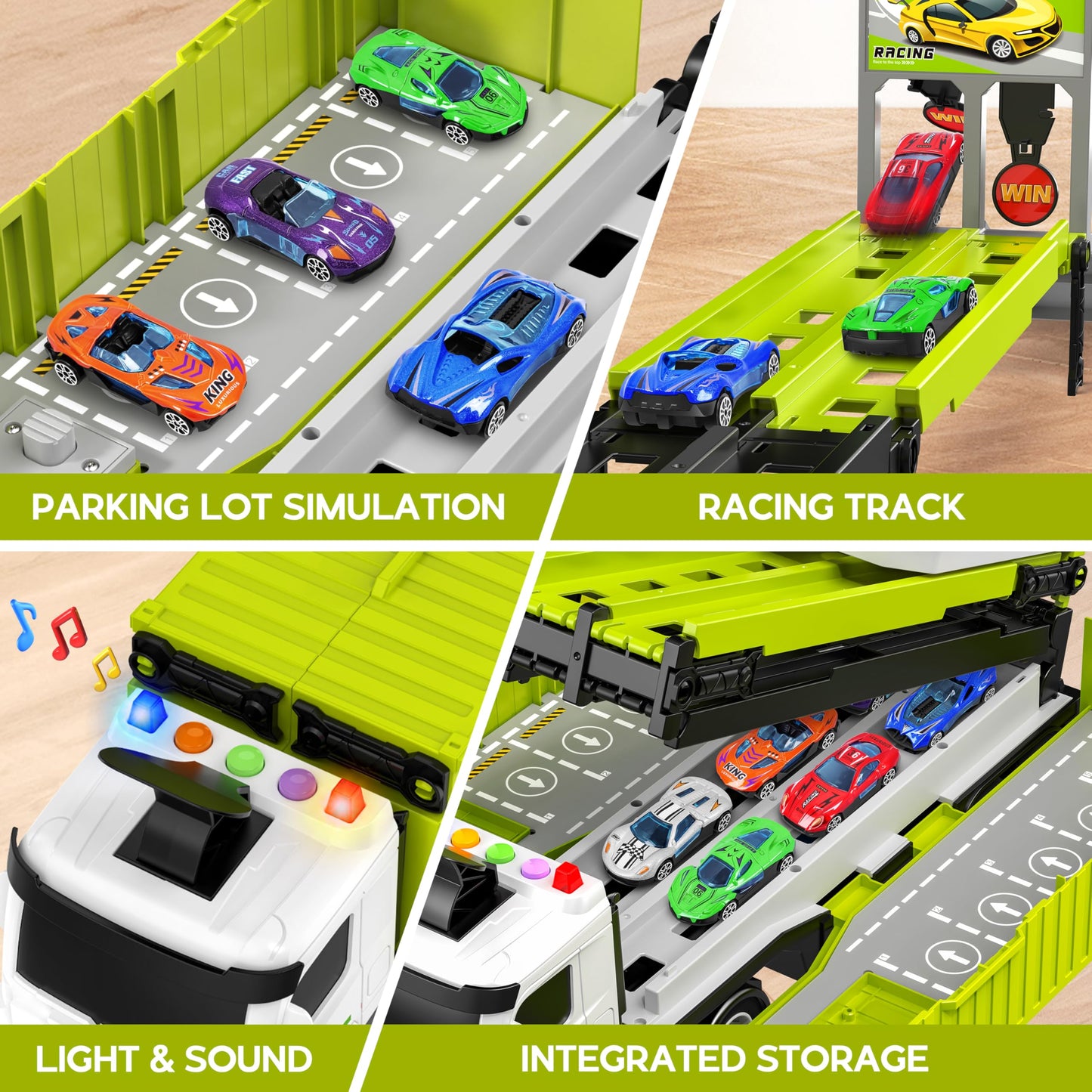 Diuerma Carrier Truck Race Track Playset for Boys, Foldable 3 Layer, Includes 8 Cars, Green, Ages 3-6+
