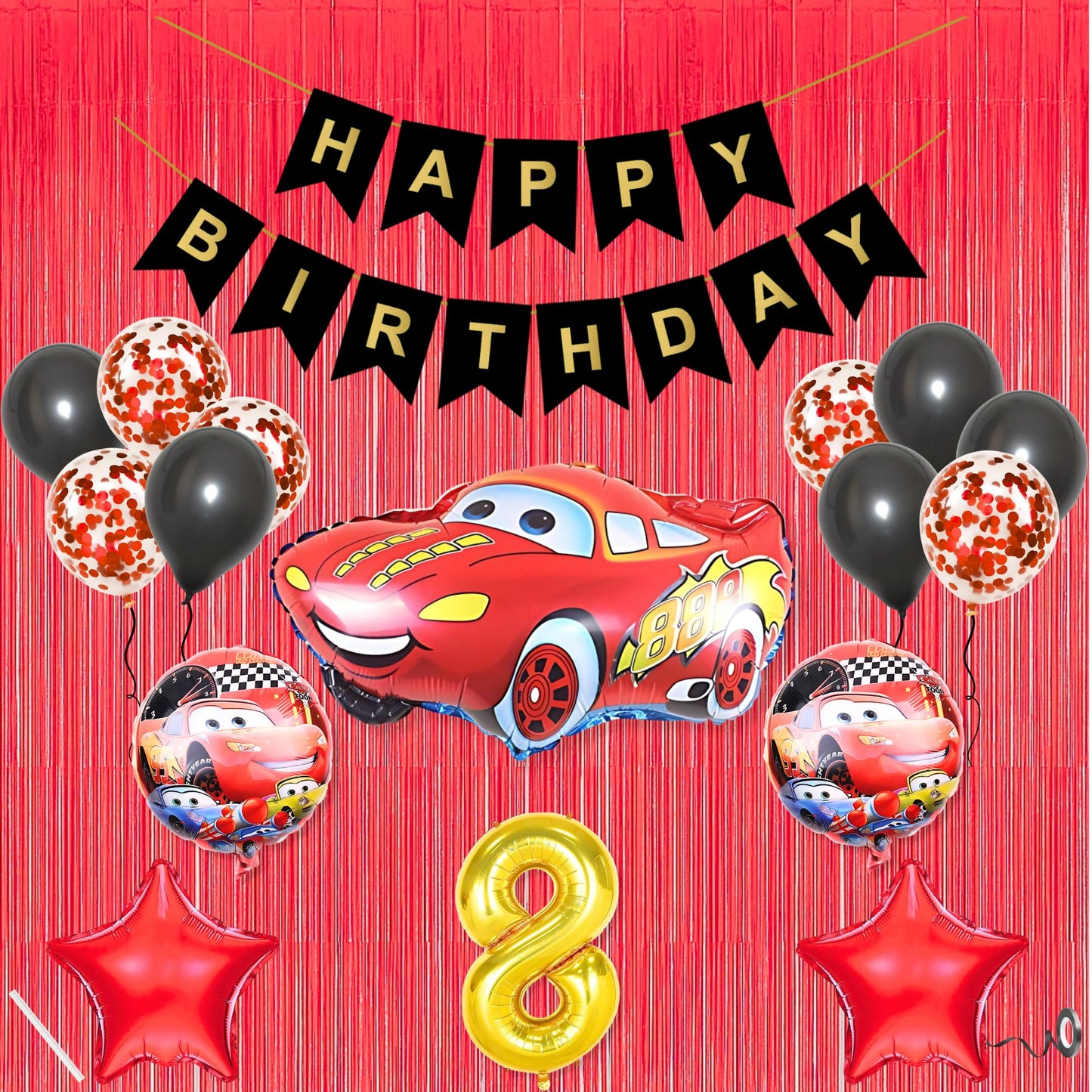 8Th Car Theme Happy Birthday Banner Decoration Black For 8 Year Old Baby Boys Girls Kids 5 Pc Lightning Macqueen Theme 10 Pc Con